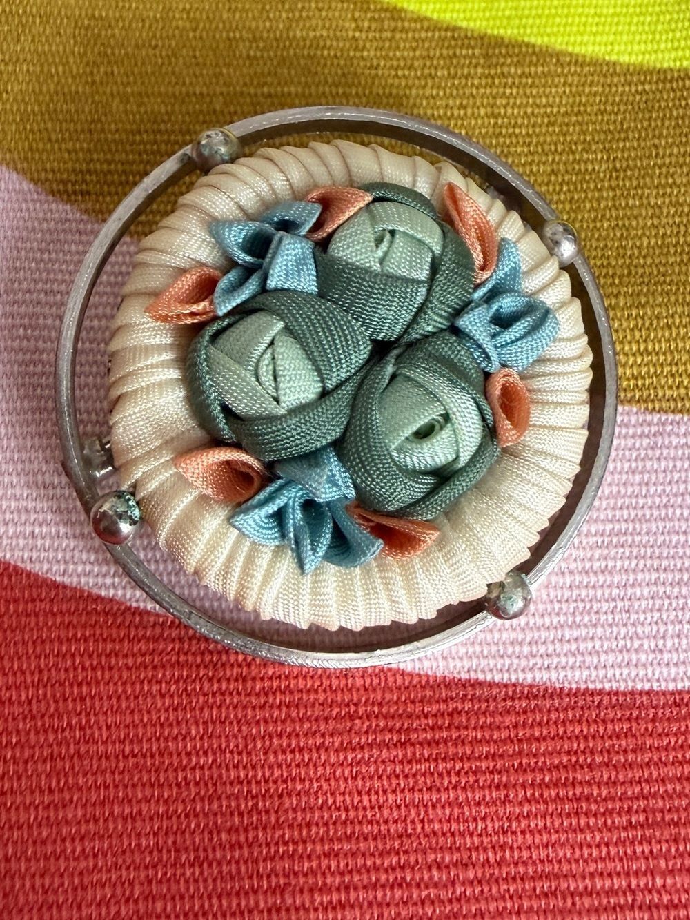 Cottagecore Scandinavian Handmade Floral 3D Embroidery Brooch with Silvertone Fr